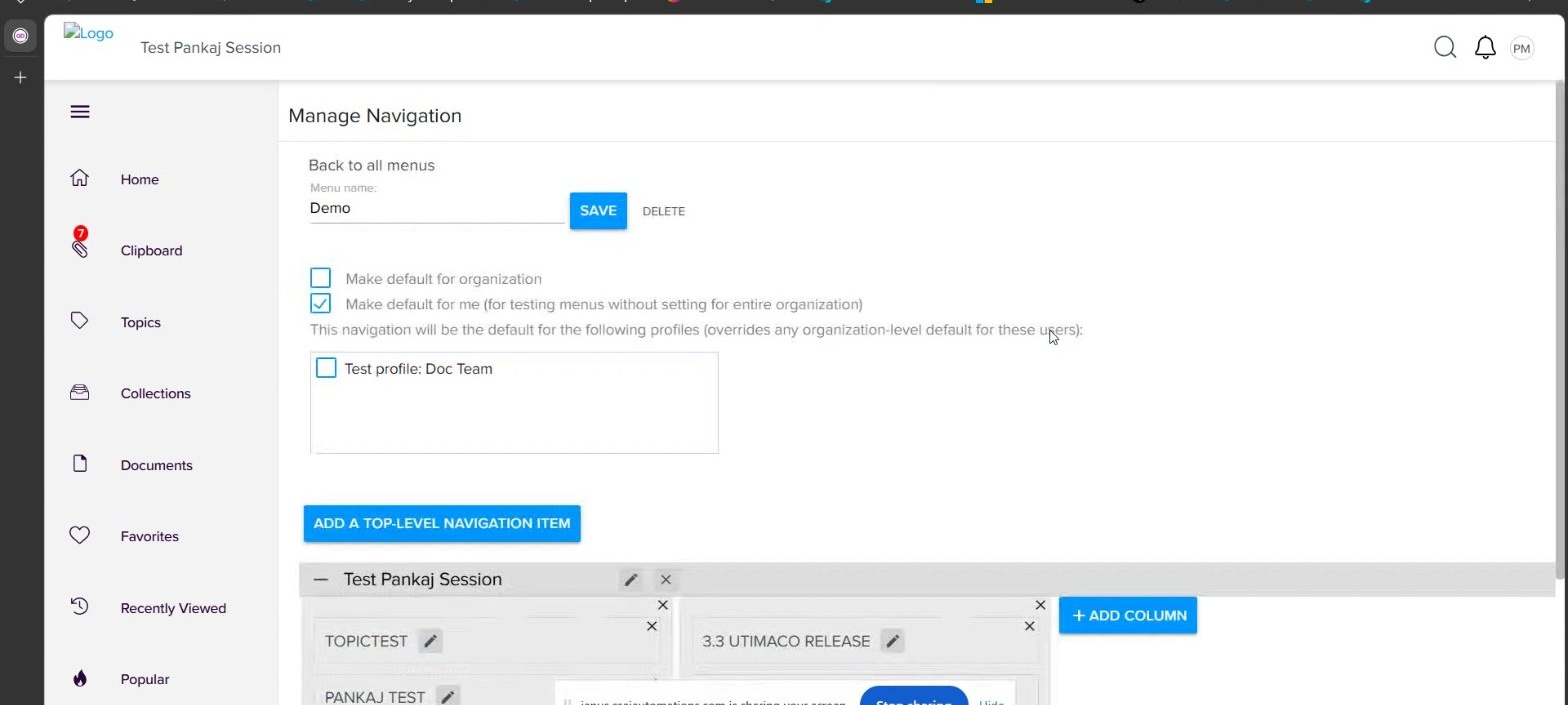 Manage Navigation edit view showing the Menu name field, default checkboxes, profile assignment area, and ADD A TOP-LEVEL NAVIGATION ITEM button in Quark Docurated