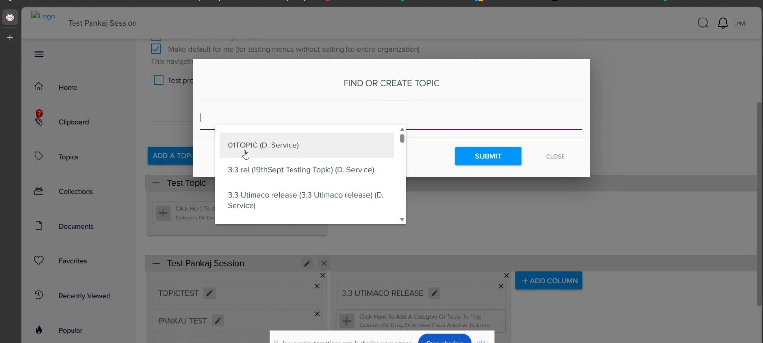 FIND OR CREATE TOPIC dialog in Quark Docurated showing existing topic choices and the SUBMIT button