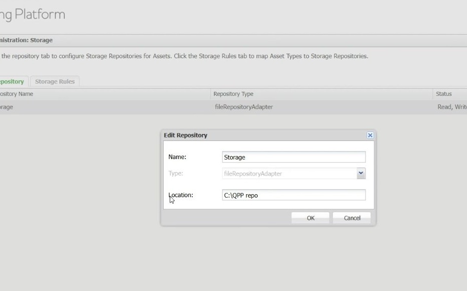 Edit Repository dialog showing the Name, Type, and Location fields in QPP Administration > System > Storage > Repository.